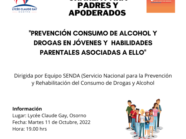 Invitación a Charla «Prevención Consumo de Alcohol y Drogas en Jóvenes» por SENDA PREVIENE